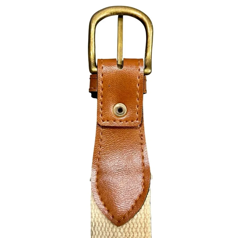 VTG Boho Striped Woven Cream Cotton Tan Leather Belt Coastal Preppy Utility S